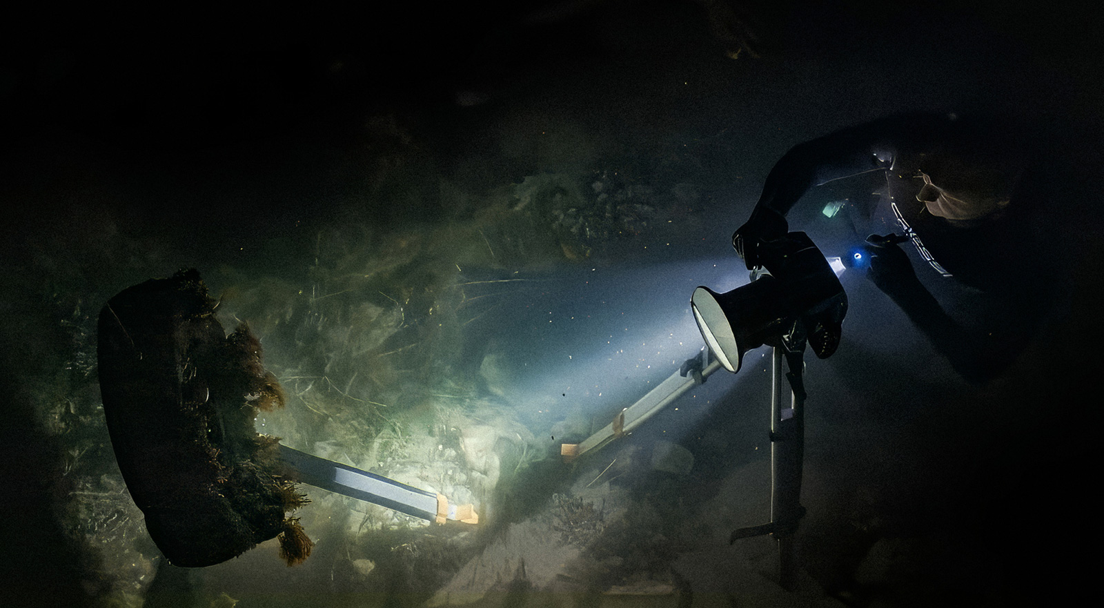 Matt Bagley shooting a discarded tyre underwater at San Remo for his collection, Discover the Unseen